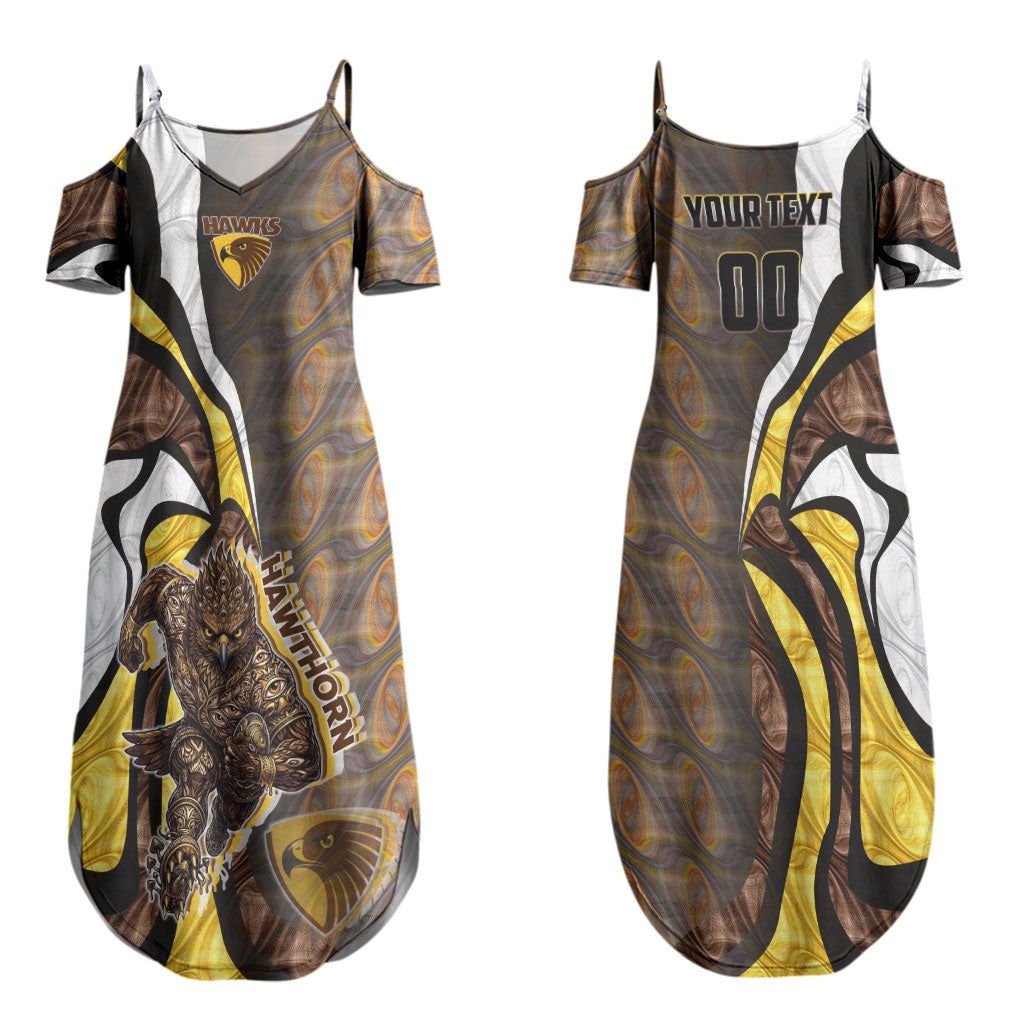 Personalised Hawthorn Hawks Couples Matching Summer Maxi Dress and Hawaiian Shirt Trippy Psychedelic Abstract Art Mascot Football Fans
