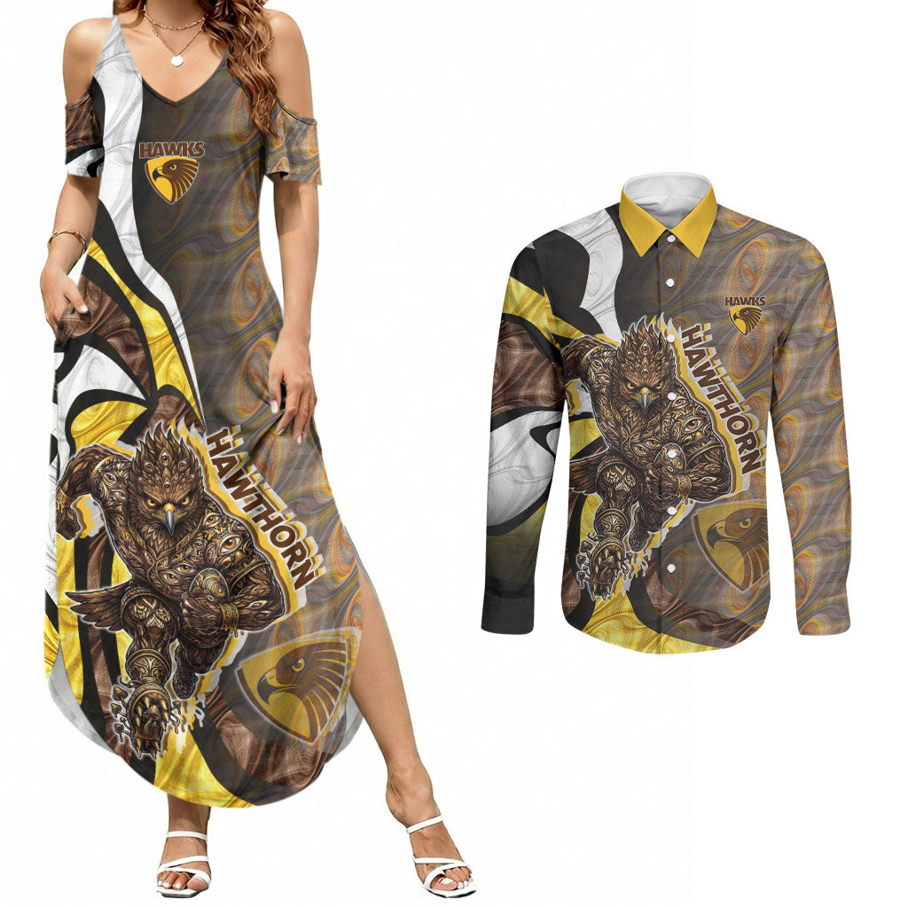Personalised Hawthorn Hawks Couples Matching Summer Maxi Dress and Long Sleeve Button Shirt Trippy Psychedelic Abstract Art Mascot Football Fans