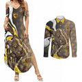 Personalised Hawthorn Hawks Couples Matching Summer Maxi Dress and Long Sleeve Button Shirt Trippy Psychedelic Abstract Art Mascot Football Fans