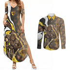Personalised Hawthorn Hawks Couples Matching Summer Maxi Dress and Long Sleeve Button Shirt Trippy Psychedelic Abstract Art Mascot Football Fans
