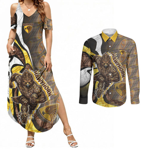 Personalised Hawthorn Hawks Couples Matching Summer Maxi Dress and Long Sleeve Button Shirt Trippy Psychedelic Abstract Art Mascot Football Fans