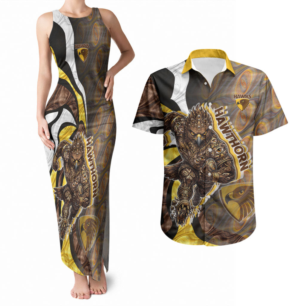Personalised Hawthorn Hawks Couples Matching Tank Maxi Dress and Hawaiian Shirt Trippy Psychedelic Abstract Art Mascot Football Fans