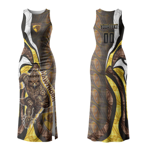 Personalised Hawthorn Hawks Couples Matching Tank Maxi Dress and Hawaiian Shirt Trippy Psychedelic Abstract Art Mascot Football Fans