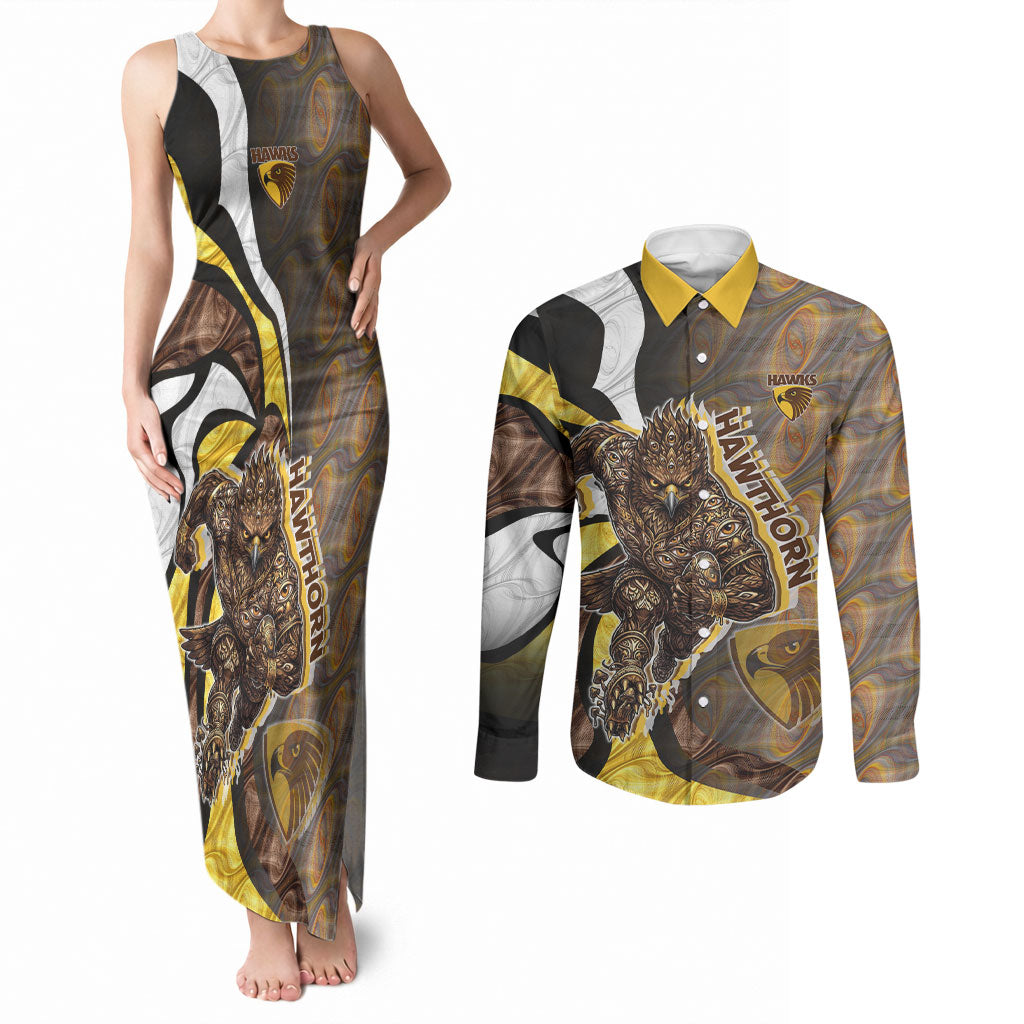 Personalised Hawthorn Hawks Couples Matching Tank Maxi Dress and Long Sleeve Button Shirt Trippy Psychedelic Abstract Art Mascot Football Fans