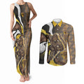 Personalised Hawthorn Hawks Couples Matching Tank Maxi Dress and Long Sleeve Button Shirt Trippy Psychedelic Abstract Art Mascot Football Fans