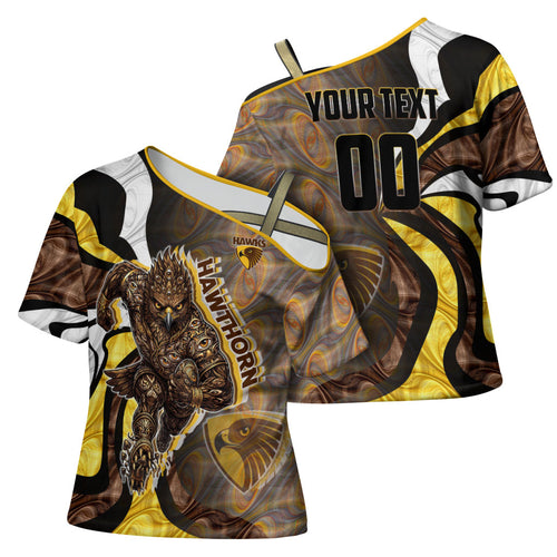 Personalised Hawthorn Hawks Cross Shoulder Shirt Trippy Psychedelic Abstract Art Mascot Football Fans