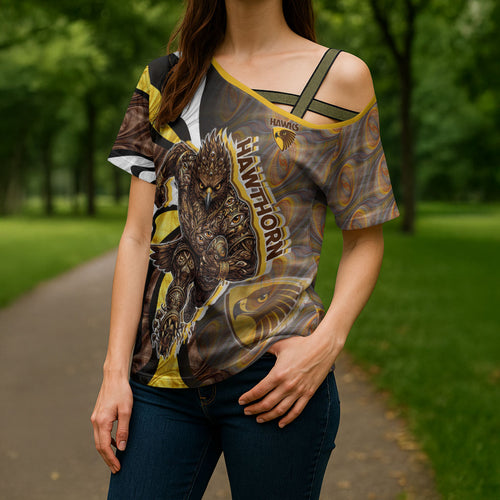 Personalised Hawthorn Hawks Cross Shoulder Shirt Trippy Psychedelic Abstract Art Mascot Football Fans