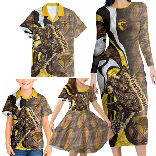 Personalised Hawthorn Hawks Family Matching Long Sleeve Bodycon Dress and Hawaiian Shirt Trippy Psychedelic Abstract Art Mascot Football Fans