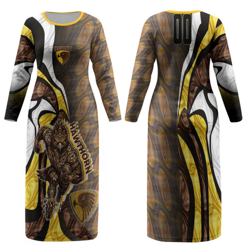 Personalised Hawthorn Hawks Family Matching Long Sleeve Bodycon Dress and Hawaiian Shirt Trippy Psychedelic Abstract Art Mascot Football Fans