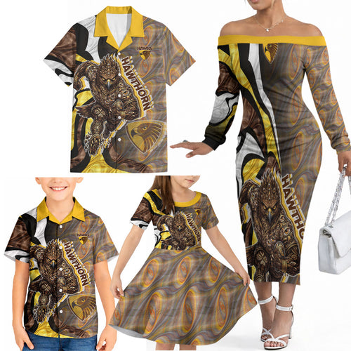 Personalised Hawthorn Hawks Family Matching Off The Shoulder Long Sleeve Dress and Hawaiian Shirt Trippy Psychedelic Abstract Art Mascot Football Fans
