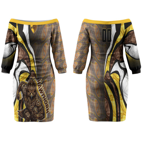 Personalised Hawthorn Hawks Family Matching Off The Shoulder Long Sleeve Dress and Hawaiian Shirt Trippy Psychedelic Abstract Art Mascot Football Fans