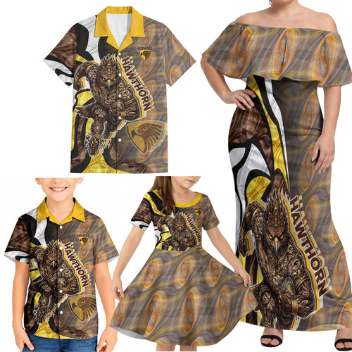 Personalised Hawthorn Hawks Family Matching Off Shoulder Maxi Dress and Hawaiian Shirt Trippy Psychedelic Abstract Art Mascot Football Fans