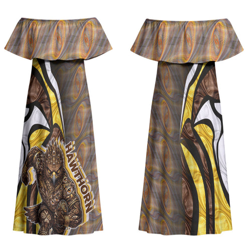 Personalised Hawthorn Hawks Family Matching Off Shoulder Maxi Dress and Hawaiian Shirt Trippy Psychedelic Abstract Art Mascot Football Fans