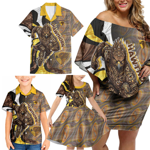 Personalised Hawthorn Hawks Family Matching Off Shoulder Short Dress and Hawaiian Shirt Trippy Psychedelic Abstract Art Mascot Football Fans