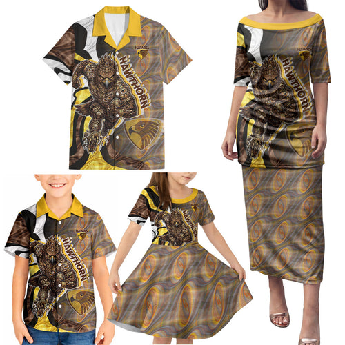 Personalised Hawthorn Hawks Family Matching Puletasi and Hawaiian Shirt Trippy Psychedelic Abstract Art Mascot Football Fans