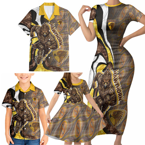 Personalised Hawthorn Hawks Family Matching Short Sleeve Bodycon Dress and Hawaiian Shirt Trippy Psychedelic Abstract Art Mascot Football Fans