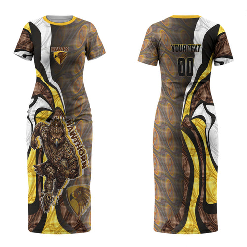 Personalised Hawthorn Hawks Family Matching Short Sleeve Bodycon Dress and Hawaiian Shirt Trippy Psychedelic Abstract Art Mascot Football Fans