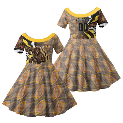 Personalised Hawthorn Hawks Family Matching Summer Maxi Dress and Hawaiian Shirt Trippy Psychedelic Abstract Art Mascot Football Fans
