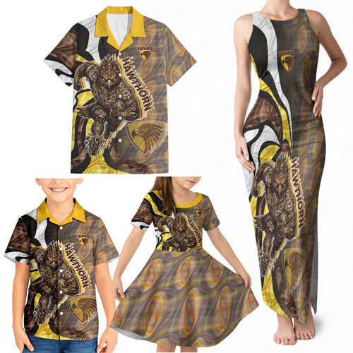 Personalised Hawthorn Hawks Family Matching Tank Maxi Dress and Hawaiian Shirt Trippy Psychedelic Abstract Art Mascot Football Fans