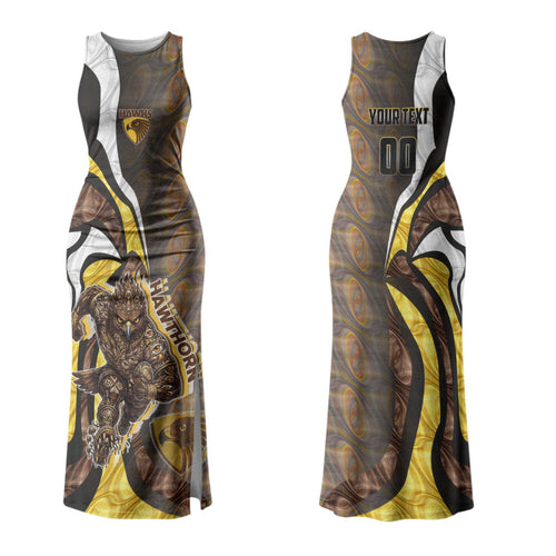 Personalised Hawthorn Hawks Family Matching Tank Maxi Dress and Hawaiian Shirt Trippy Psychedelic Abstract Art Mascot Football Fans