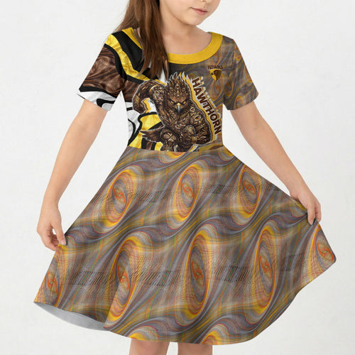 Personalised Hawthorn Hawks Kid Short Sleeve Dress Trippy Psychedelic Abstract Art Mascot Football Fans