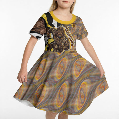 Personalised Hawthorn Hawks Kid Short Sleeve Dress Trippy Psychedelic Abstract Art Mascot Football Fans