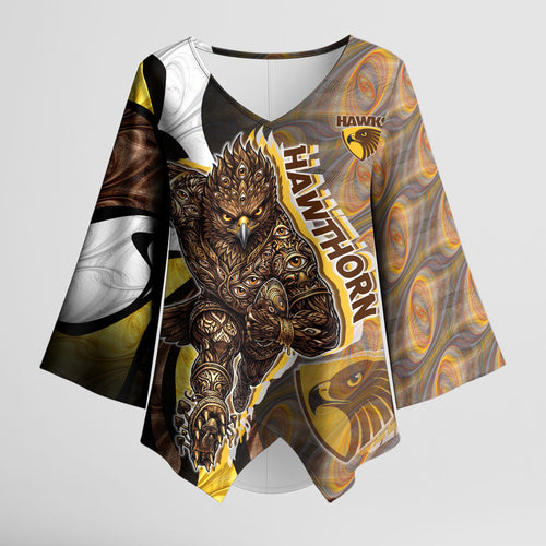 Personalised Hawthorn Hawks Kimono Sleeve Blouse Trippy Psychedelic Abstract Art Mascot Football Fans