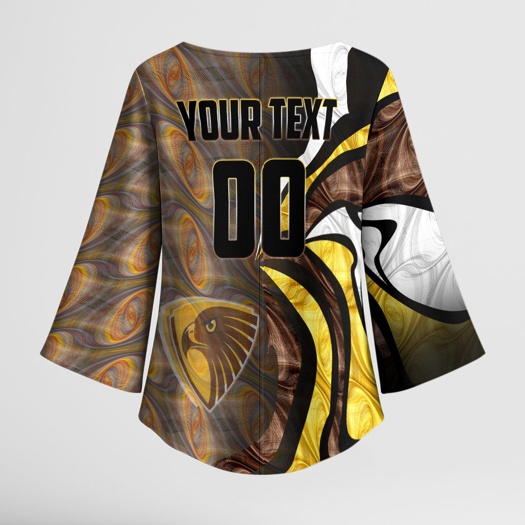 Personalised Hawthorn Hawks Kimono Sleeve Blouse Trippy Psychedelic Abstract Art Mascot Football Fans