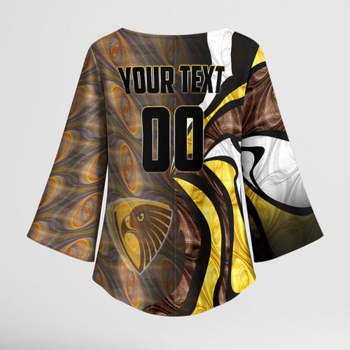 Personalised Hawthorn Hawks Kimono Sleeve Blouse Trippy Psychedelic Abstract Art Mascot Football Fans