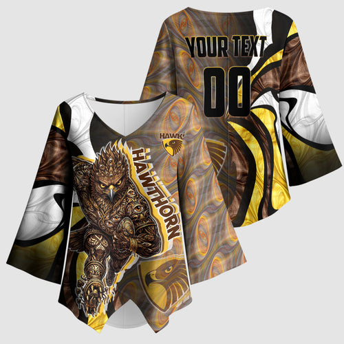 Personalised Hawthorn Hawks Kimono Sleeve Blouse Trippy Psychedelic Abstract Art Mascot Football Fans
