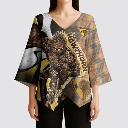 Personalised Hawthorn Hawks Kimono Sleeve Blouse Trippy Psychedelic Abstract Art Mascot Football Fans