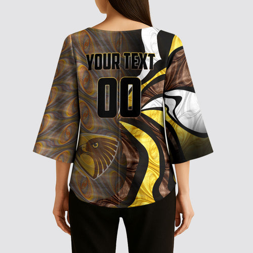 Personalised Hawthorn Hawks Kimono Sleeve Blouse Trippy Psychedelic Abstract Art Mascot Football Fans
