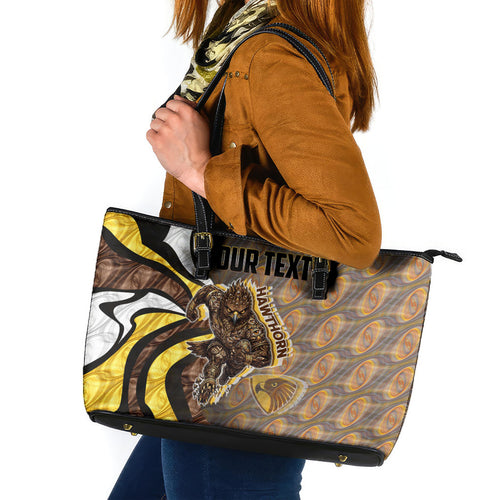 Personalised Hawthorn Hawks Leather Tote Bag Trippy Psychedelic Abstract Art Mascot Football Fans