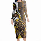 Personalised Hawthorn Hawks Long Sleeve Bodycon Dress Trippy Psychedelic Abstract Art Mascot Football Fans