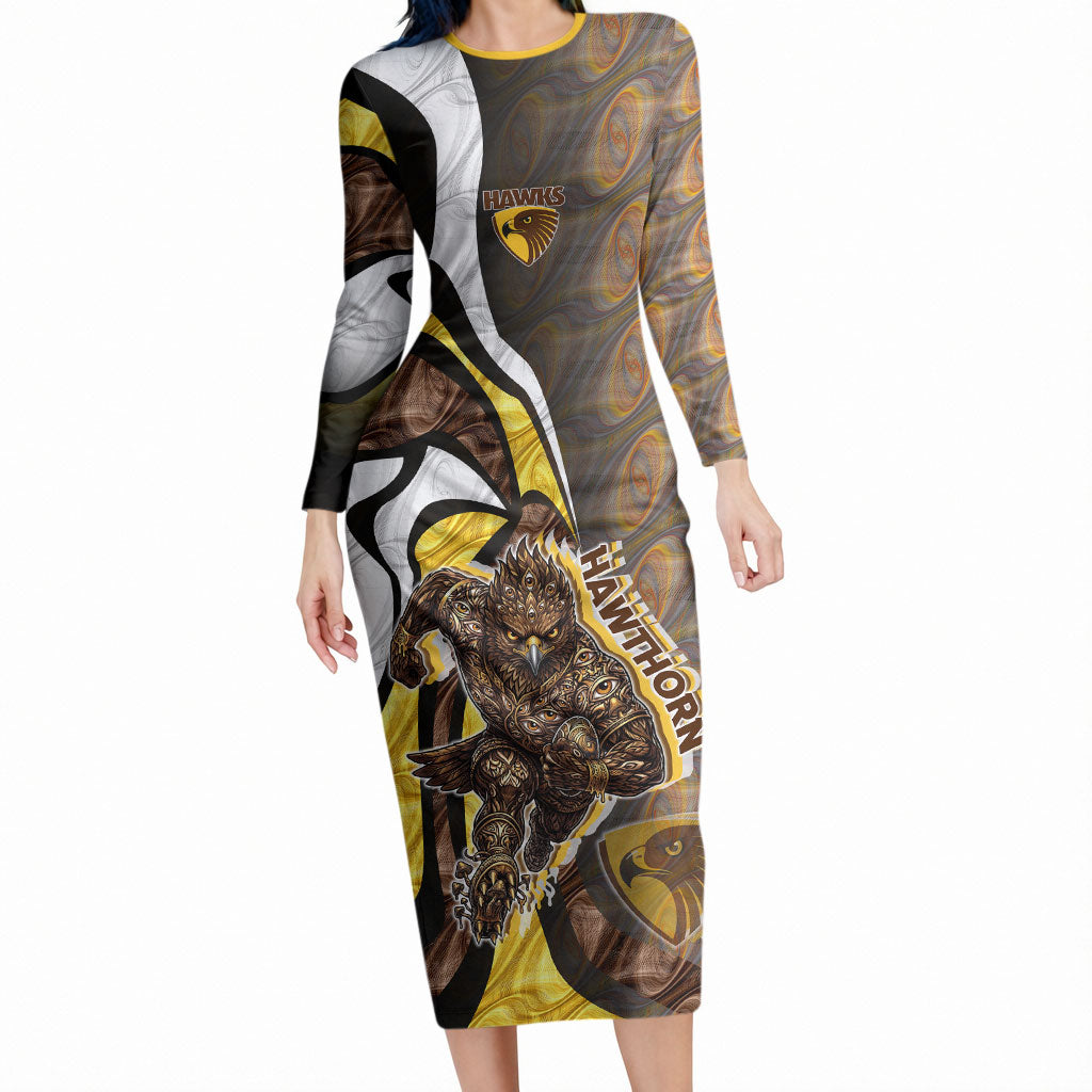 Personalised Hawthorn Hawks Long Sleeve Bodycon Dress Trippy Psychedelic Abstract Art Mascot Football Fans