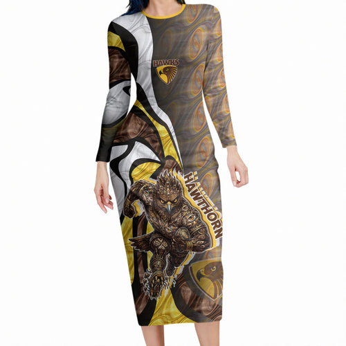 Personalised Hawthorn Hawks Long Sleeve Bodycon Dress Trippy Psychedelic Abstract Art Mascot Football Fans