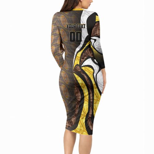 Personalised Hawthorn Hawks Long Sleeve Bodycon Dress Trippy Psychedelic Abstract Art Mascot Football Fans