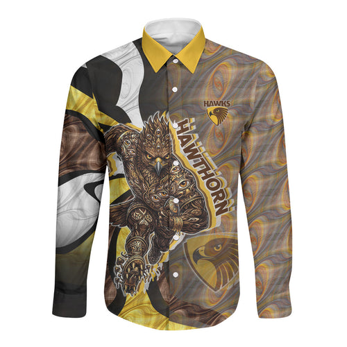 Personalised Hawthorn Hawks Long Sleeve Button Shirt Trippy Psychedelic Abstract Art Mascot Football Fans