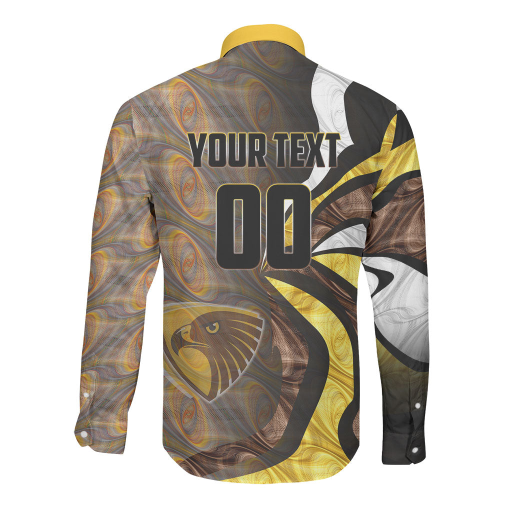 Personalised Hawthorn Hawks Long Sleeve Button Shirt Trippy Psychedelic Abstract Art Mascot Football Fans