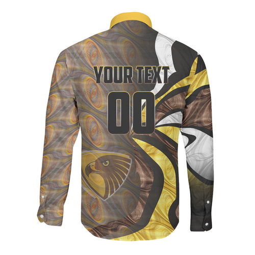 Personalised Hawthorn Hawks Long Sleeve Button Shirt Trippy Psychedelic Abstract Art Mascot Football Fans