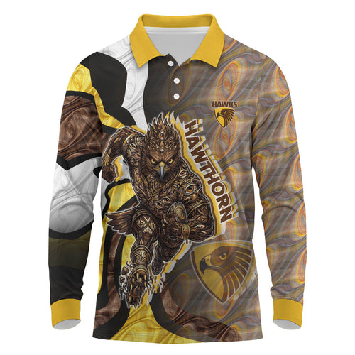 Personalised Hawthorn Hawks Long Sleeve Polo Shirt Trippy Psychedelic Abstract Art Mascot Football Fans