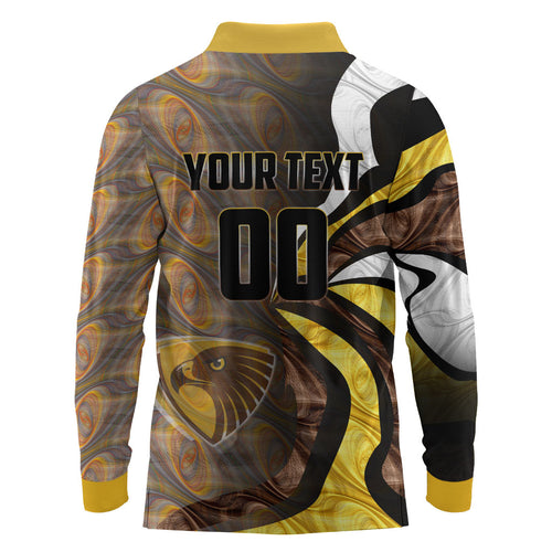Personalised Hawthorn Hawks Long Sleeve Polo Shirt Trippy Psychedelic Abstract Art Mascot Football Fans