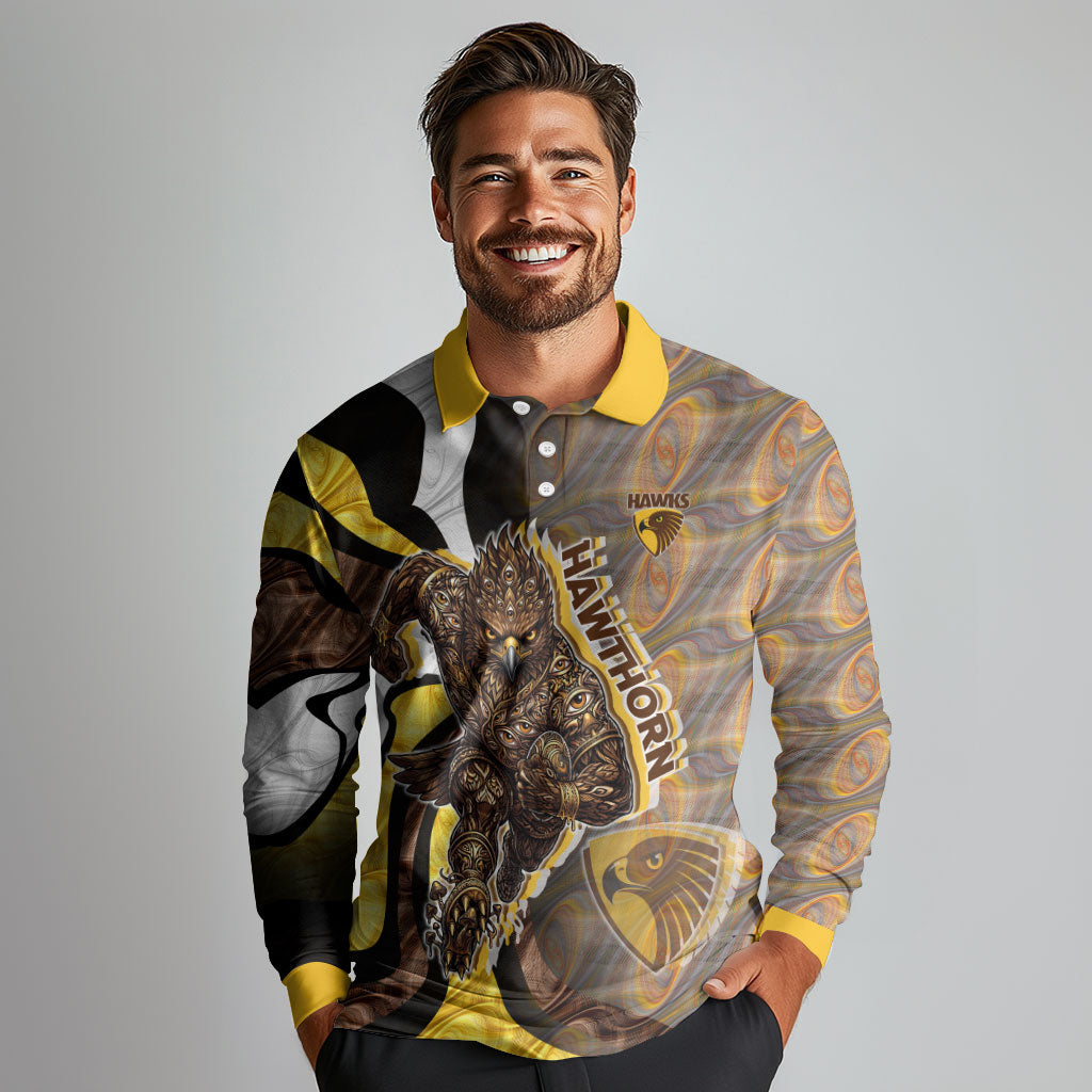 Personalised Hawthorn Hawks Long Sleeve Polo Shirt Trippy Psychedelic Abstract Art Mascot Football Fans