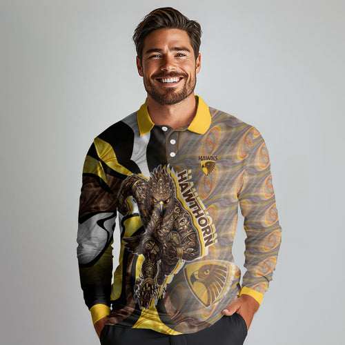Personalised Hawthorn Hawks Long Sleeve Polo Shirt Trippy Psychedelic Abstract Art Mascot Football Fans