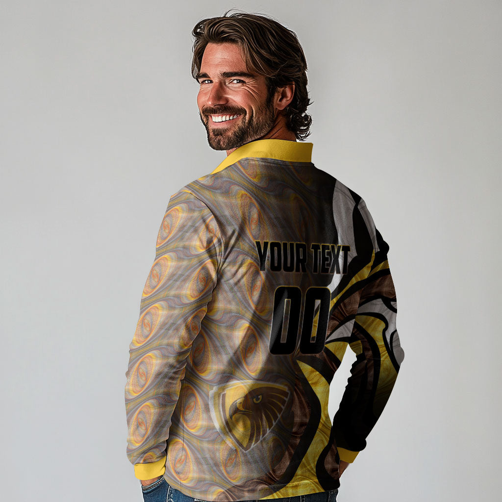 Personalised Hawthorn Hawks Long Sleeve Polo Shirt Trippy Psychedelic Abstract Art Mascot Football Fans