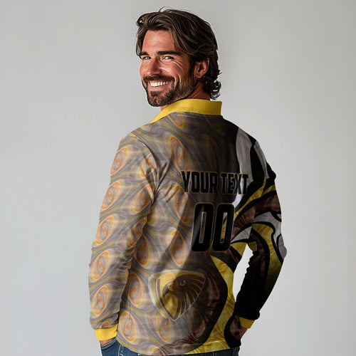 Personalised Hawthorn Hawks Long Sleeve Polo Shirt Trippy Psychedelic Abstract Art Mascot Football Fans