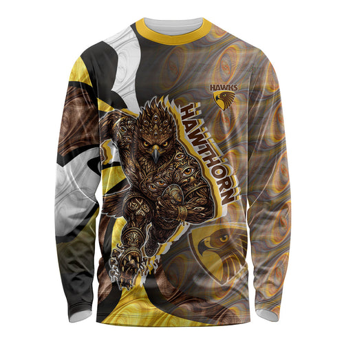 Personalised Hawthorn Hawks Long Sleeve Shirt Trippy Psychedelic Abstract Art Mascot Football Fans