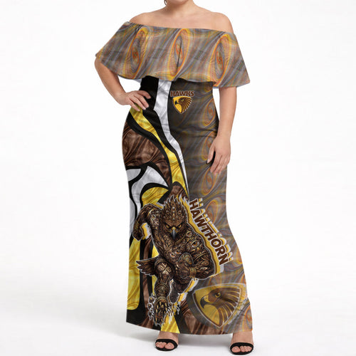 Personalised Hawthorn Hawks Off Shoulder Maxi Dress Trippy Psychedelic Abstract Art Mascot Football Fans
