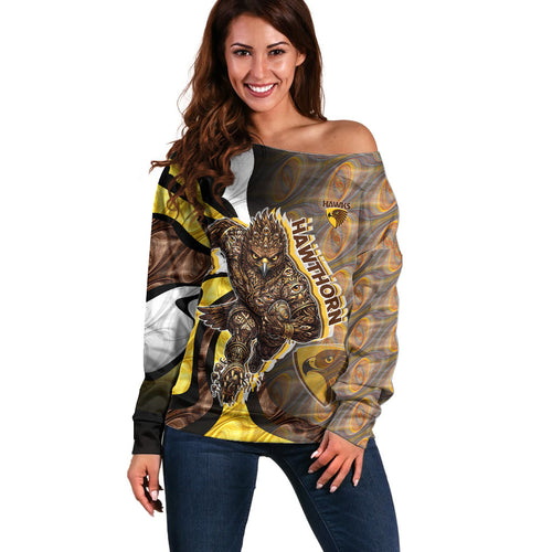 Personalised Hawthorn Hawks Off Shoulder Sweater Trippy Psychedelic Abstract Art Mascot Football Fans