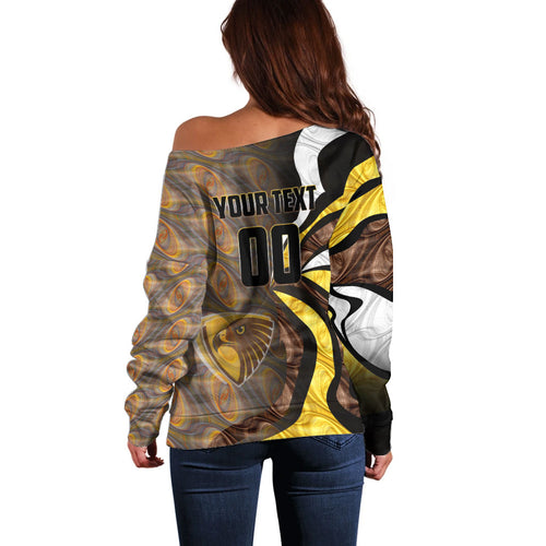 Personalised Hawthorn Hawks Off Shoulder Sweater Trippy Psychedelic Abstract Art Mascot Football Fans